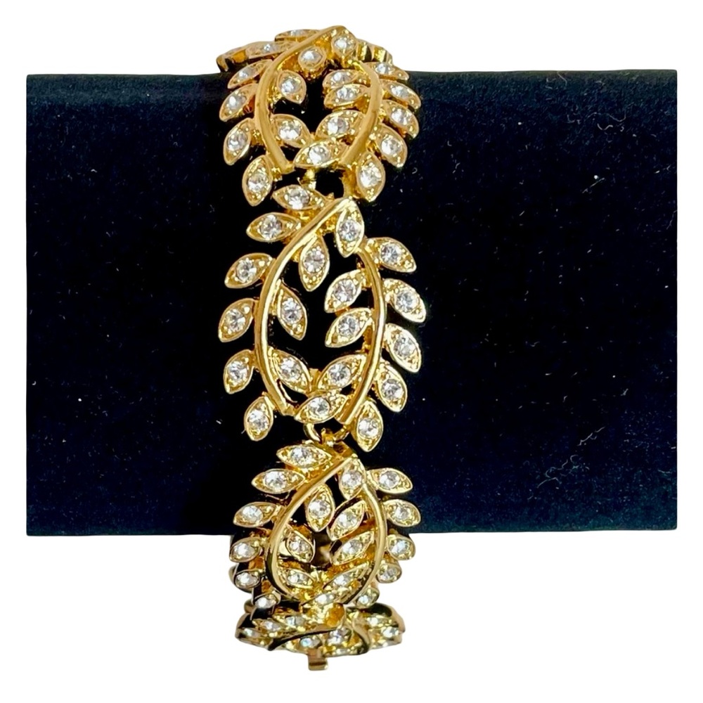 Vintage Gold Plated Open Scroll Link Bracelet With Clear Swarovski Crystals